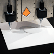 machine dispensing white hot melt adhesives onto packaging surface